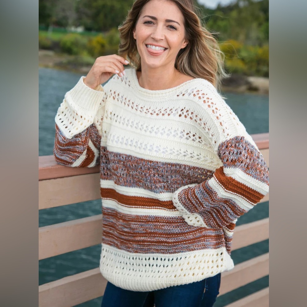 Two Toned Textured Striped Color Block Sweater, Sz Small, cream/brown/blue tones